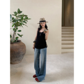 MULVAN 女夏蓝色宽松直筒阔腿裤 现货7折 斜弹低腰微喇牛仔裤