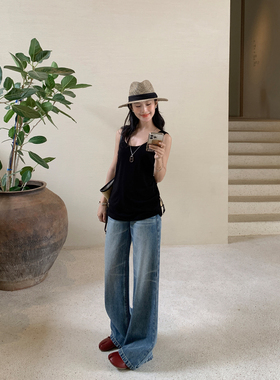 MULVAN 【现货7折】斜弹低腰微喇牛仔裤女夏蓝色宽松直筒阔腿裤