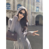 拉夫学院 麻花连帽拉链针织开衫 女上衣 MULVAN a字百褶半身裙套装