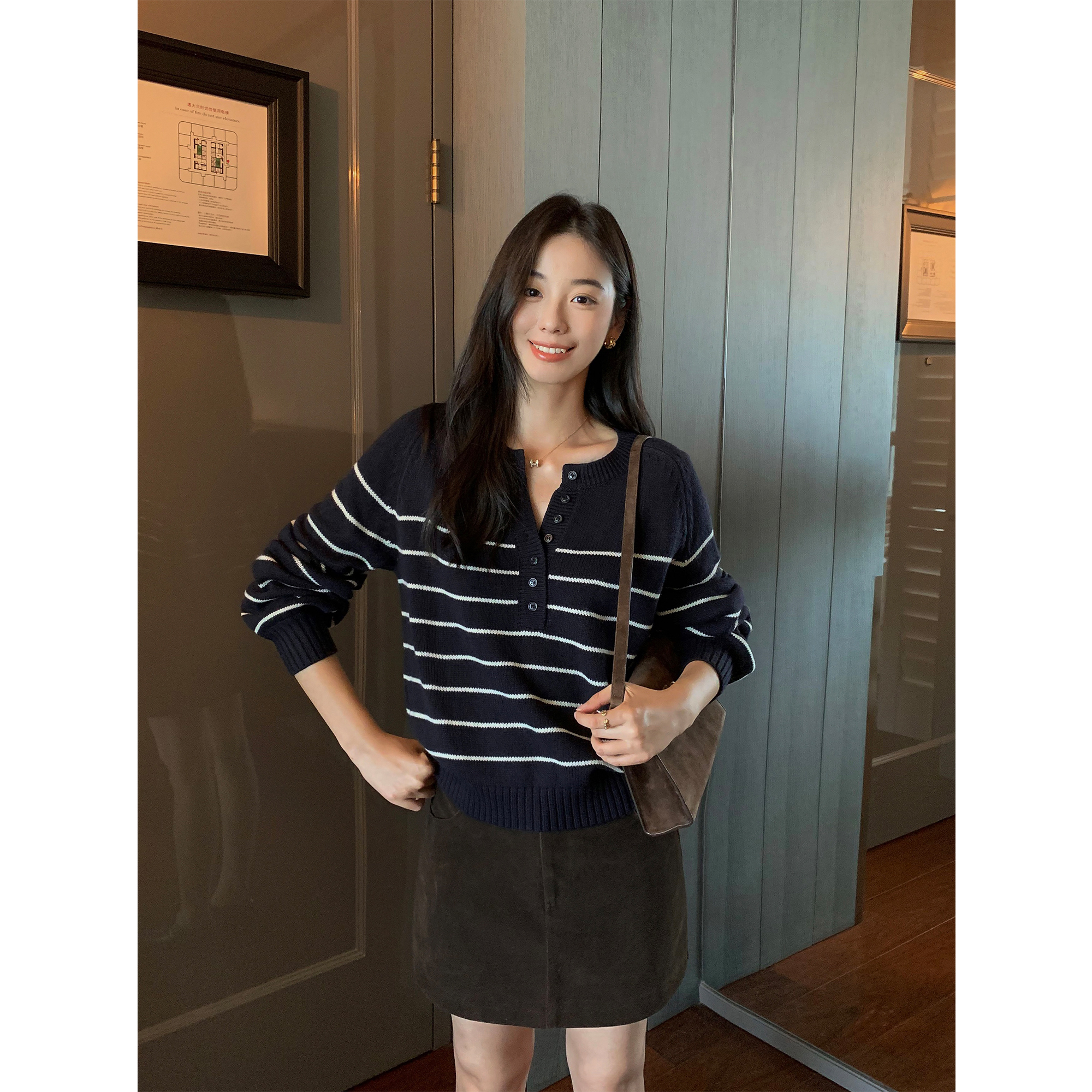 MULVAN 复调琴键 撞色条纹圆领针织衫女宽松简约毛衣休闲显瘦上衣