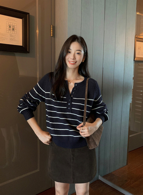 MULVAN 复调琴键 撞色条纹圆领针织衫女宽松简约毛衣休闲显瘦上衣