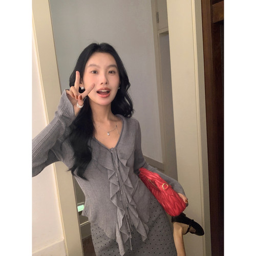 不规则下摆系带荷叶边开衫