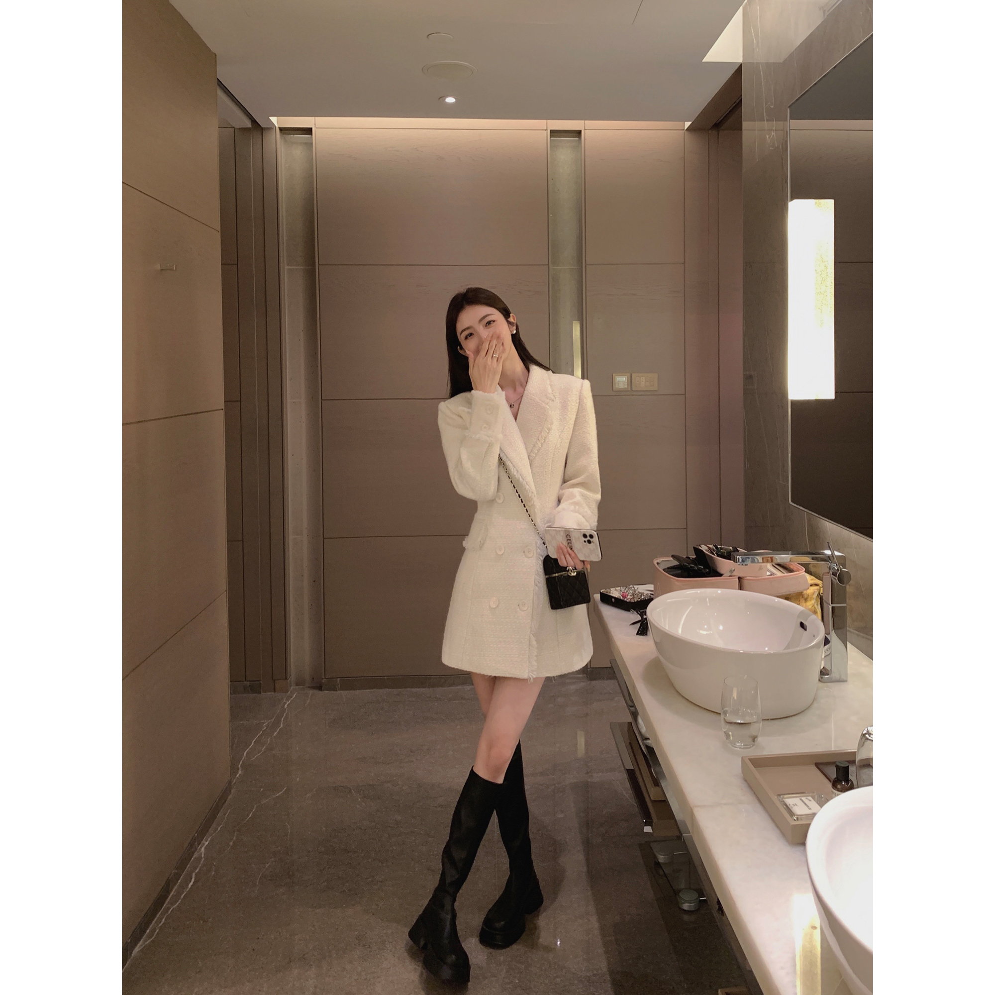 MULVAN 杏色小香风毛呢外套女2023新款法式夹棉收腰羊毛气质大衣