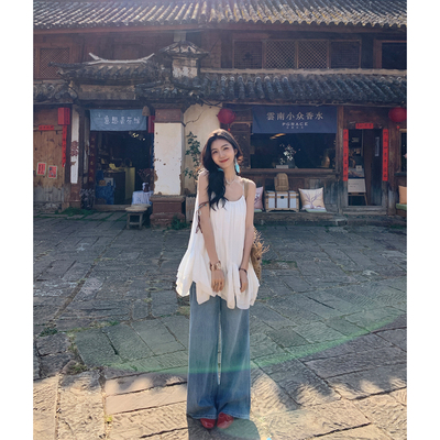 MULVAN 柔软猫须树枝纹直筒牛仔裤女夏季韩系宽松遮肉阔腿休闲裤