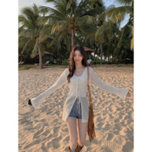 女中长款 MULVAN 镂空针织衫 宽松外穿防晒设计感V领系带叠穿上衣