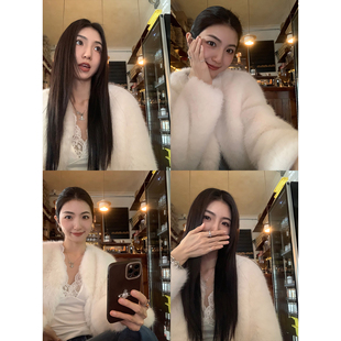 MULVAN白色仿狐毛环保皮草外套女冬季 保暖毛毛大衣 韩系高级感短款