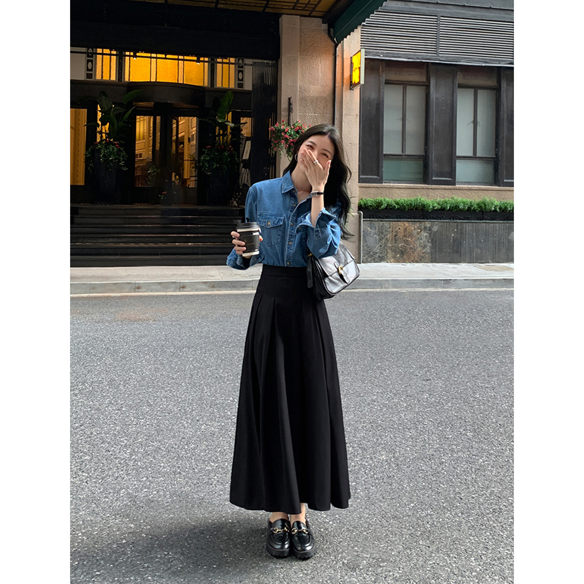 黑色a字半身裙女高腰显瘦气质