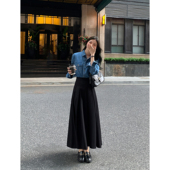 黑色高腰西装 MULVAN 现货7折 半身裙显瘦a字百褶裙子长裙伞裙