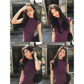 MULVAN t恤夏 半高领背心针织短袖 戳心斩腰设计感小飞袖 上衣女修身