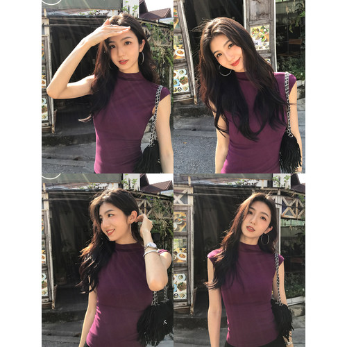 MULVAN 戳心斩腰设计感小飞袖上衣女修身半高领背心针织短袖t恤夏