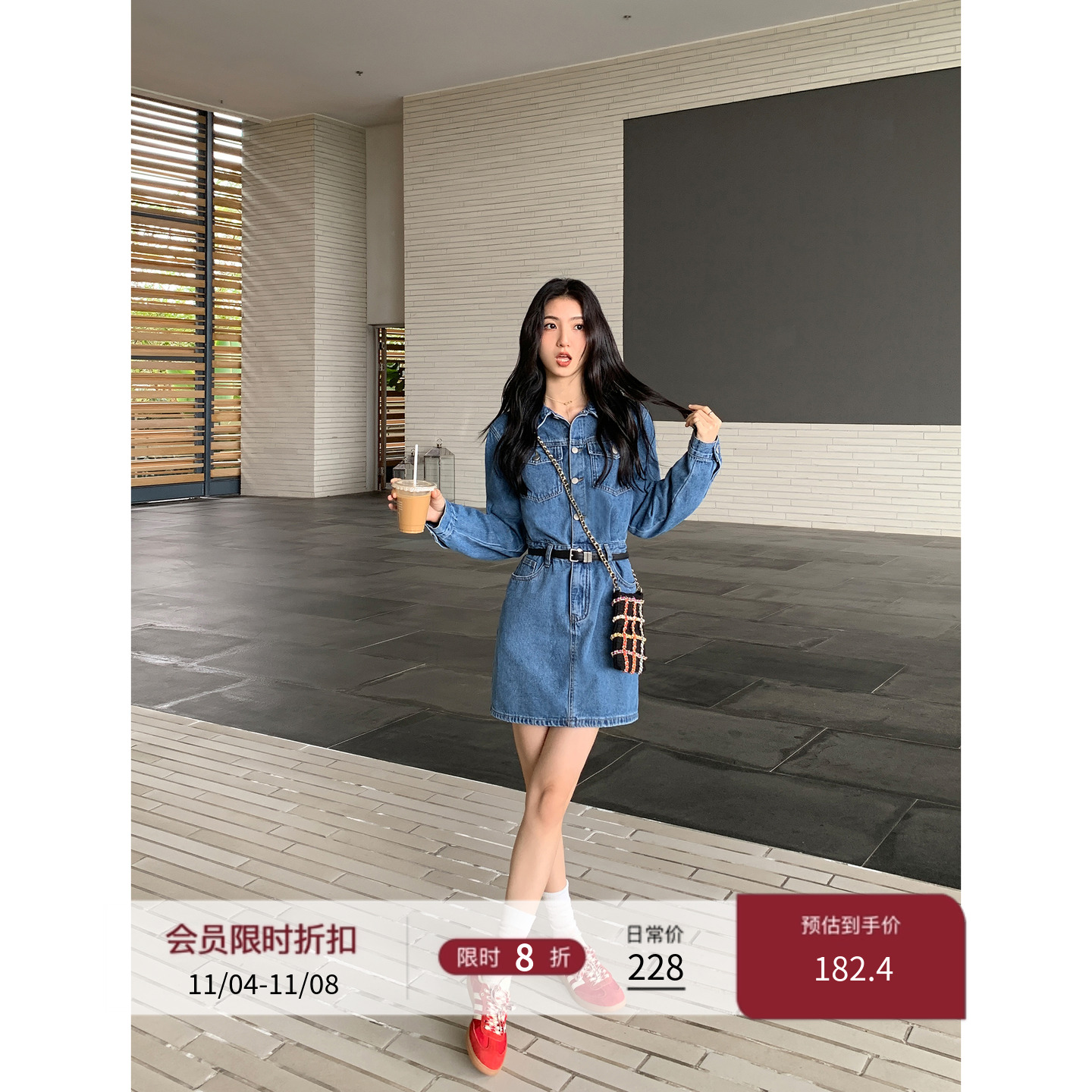 复古翻领牛仔连衣短裙