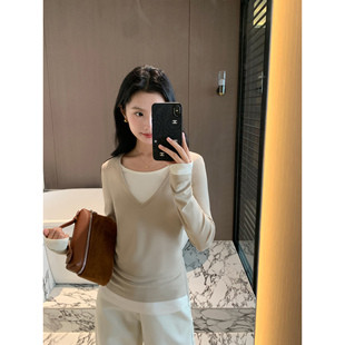 修身 MULVAN 氣質(zhì)內(nèi)搭打底t恤上衣 新款 秋季 假兩件拼接針織衫 女長袖