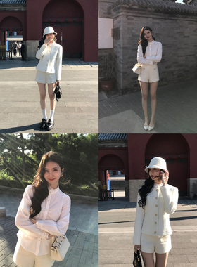 MULVAN【现货7折】小香风白色毛呢外套女高级感气质a字短裤套装