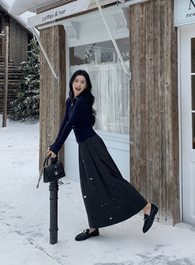 MULVAN【现货7.5折】灰色高腰西装半身裙女加厚中长款a字百褶半裙