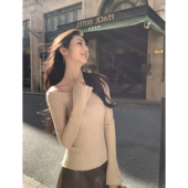 小露香肩 复古一字肩长袖 针织衫 MULVAN 女露肩显瘦喇叭长袖 上衣