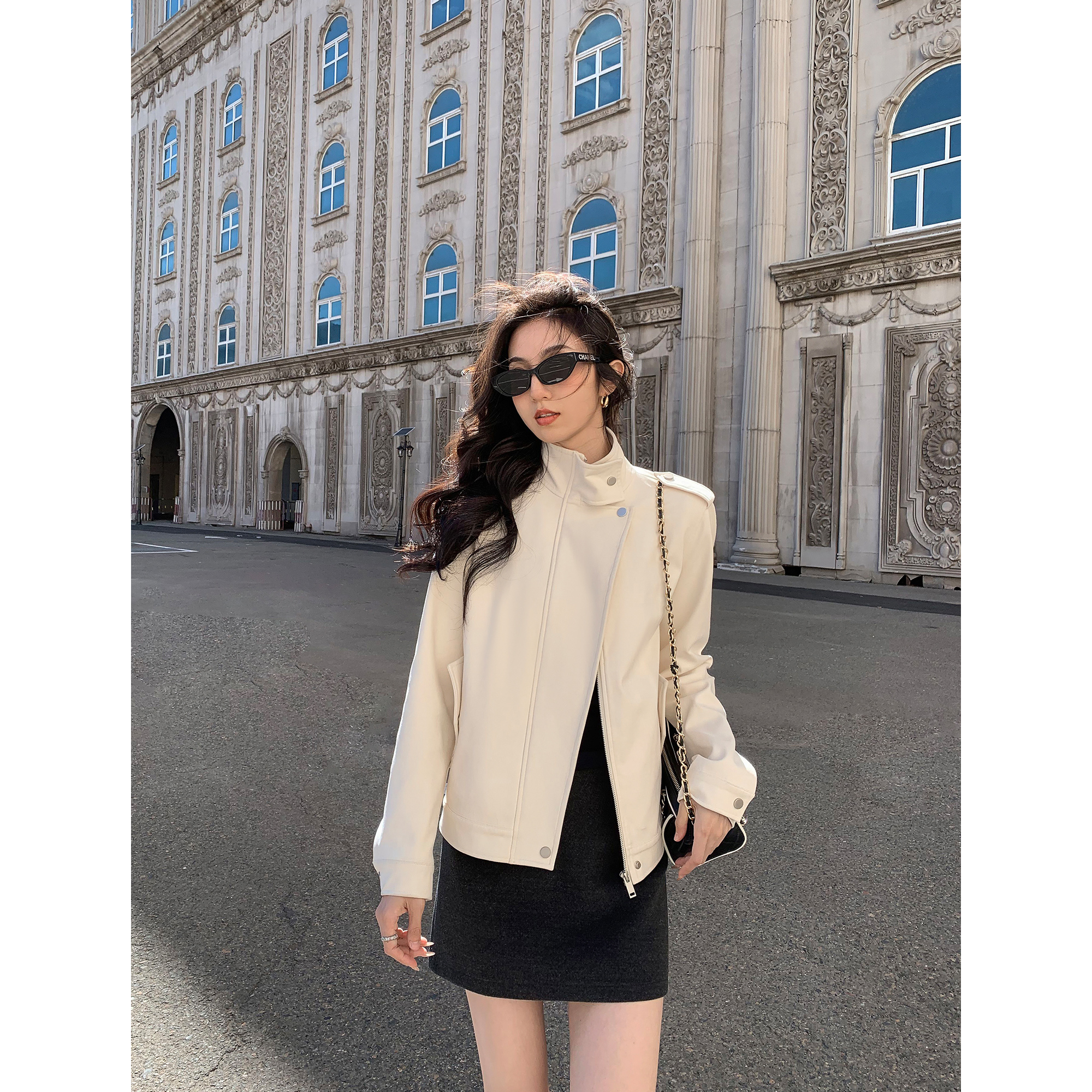 MULVAN 酷飒女主 经典廓形麂皮绒外套女复古立领宽松短款机车夹克