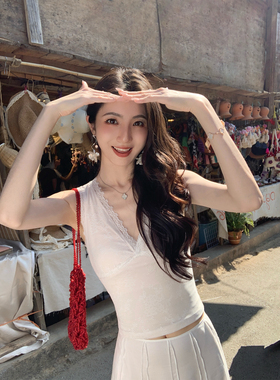 MULVAN 轻熟曼调 纯欲风V领蕾丝吊带背心女外穿性感短款无袖上衣