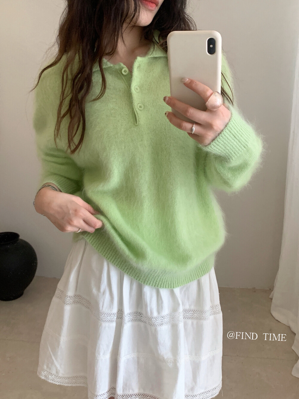 “羊毛小皮草”【Find Time高品全毛拉绒翻领纽扣套头保暖毛衣女