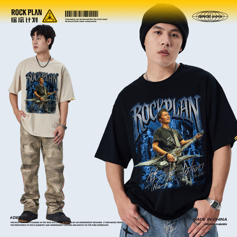 摇滚计划谢霆锋演唱会天使吉他周边美式T恤男女同款夏季重磅短袖