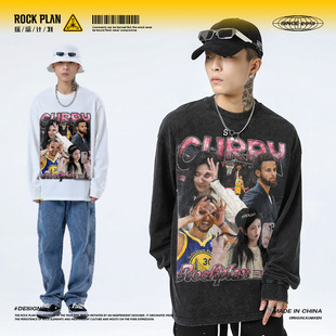 摇滚计划潮牌球星斯蒂芬库里&白鹿美式 T恤纯棉篮球衣重磅 印花长袖