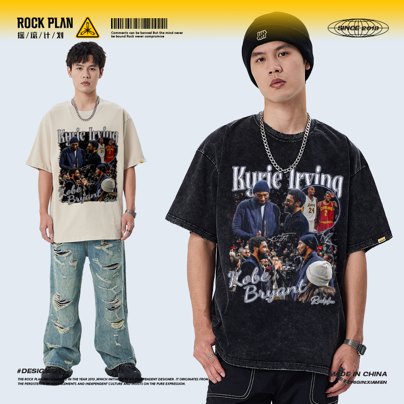 摇滚计划美式球星科比&欧文印花短袖T恤做旧夏季篮球衣男vintage