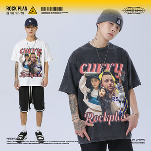 摇滚计划斯蒂芬库里&章若楠复古印花短袖 运动篮球衣重磅T恤男潮牌