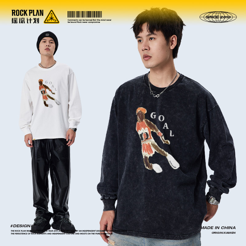 摇滚计划球星MJ美式复古做旧长袖纯棉街头嘻哈T恤圆领篮球衣潮男