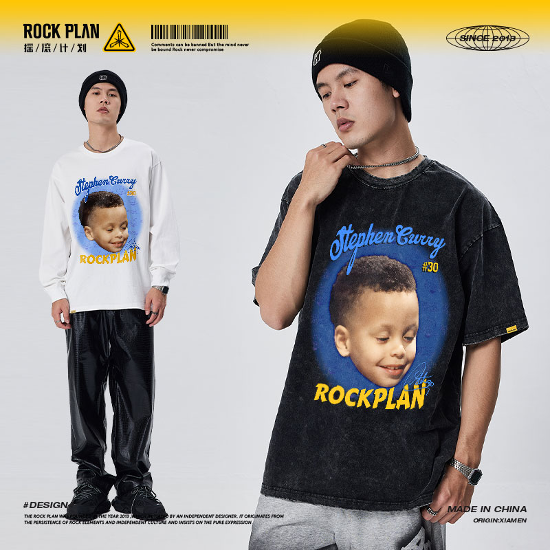 摇滚计划美式印花球星库里童年照街头篮球衣潮牌纯棉短袖T恤重磅