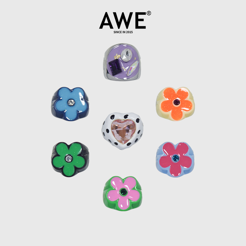 AWE夏日多巴胺穿搭彩色小花戒指汪苏泷何浩楠同款锆石爱心指环女