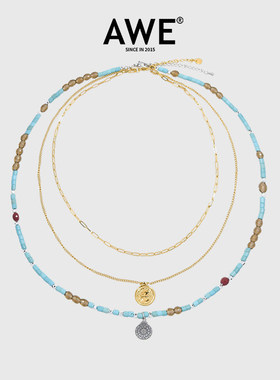 AWE绿松石复古硬币项链女生周雨彤赵昭仪同款三层叠戴颈链锁骨链