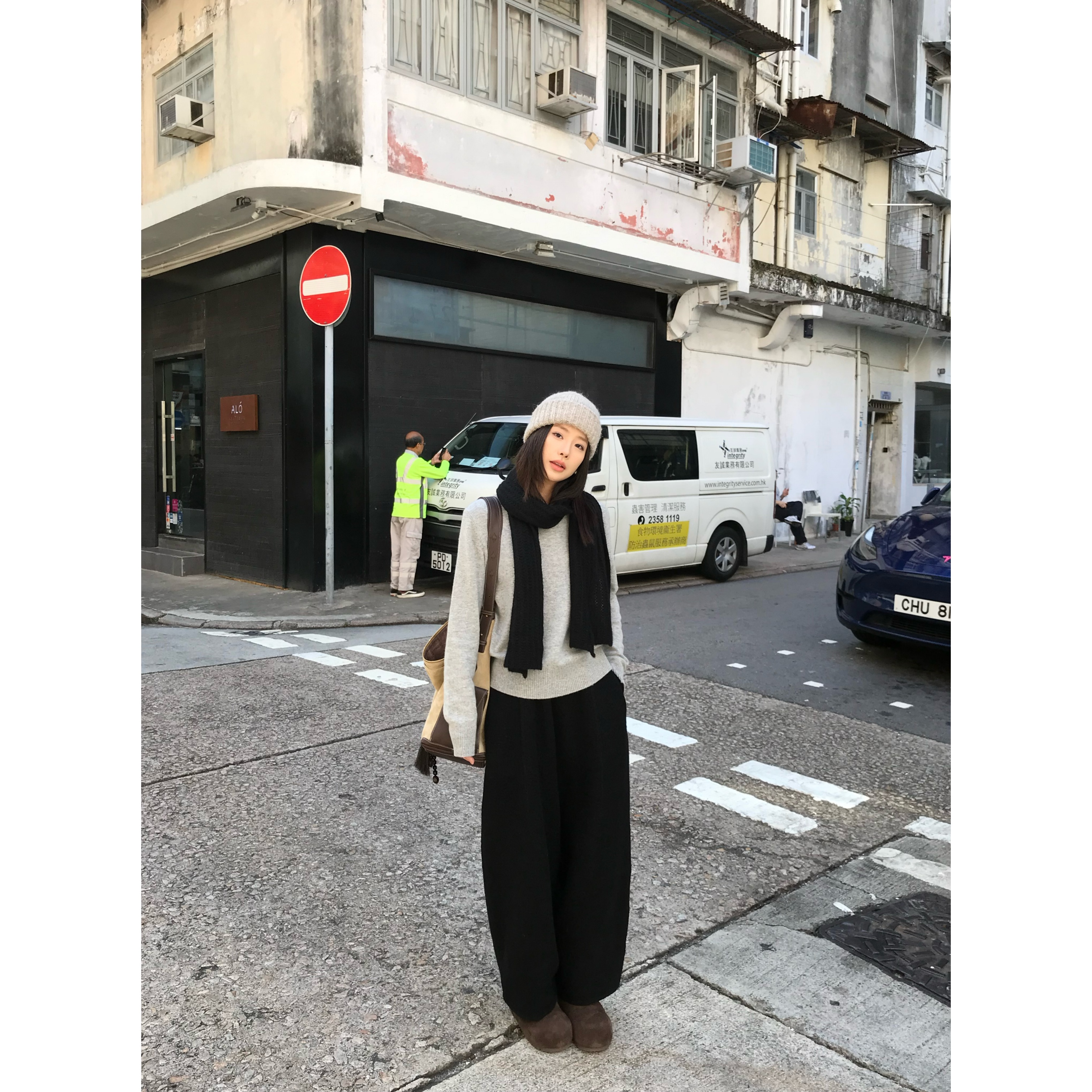 羊毛松紧腰直筒休闲阔腿裤