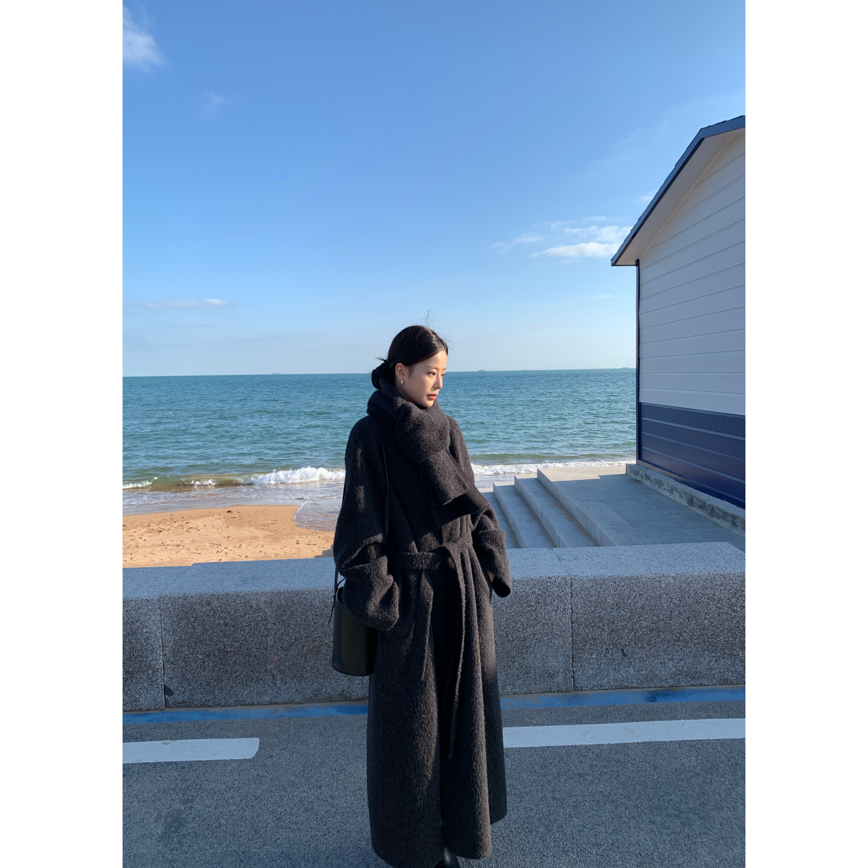 羊毛围脖领长款双面呢外套