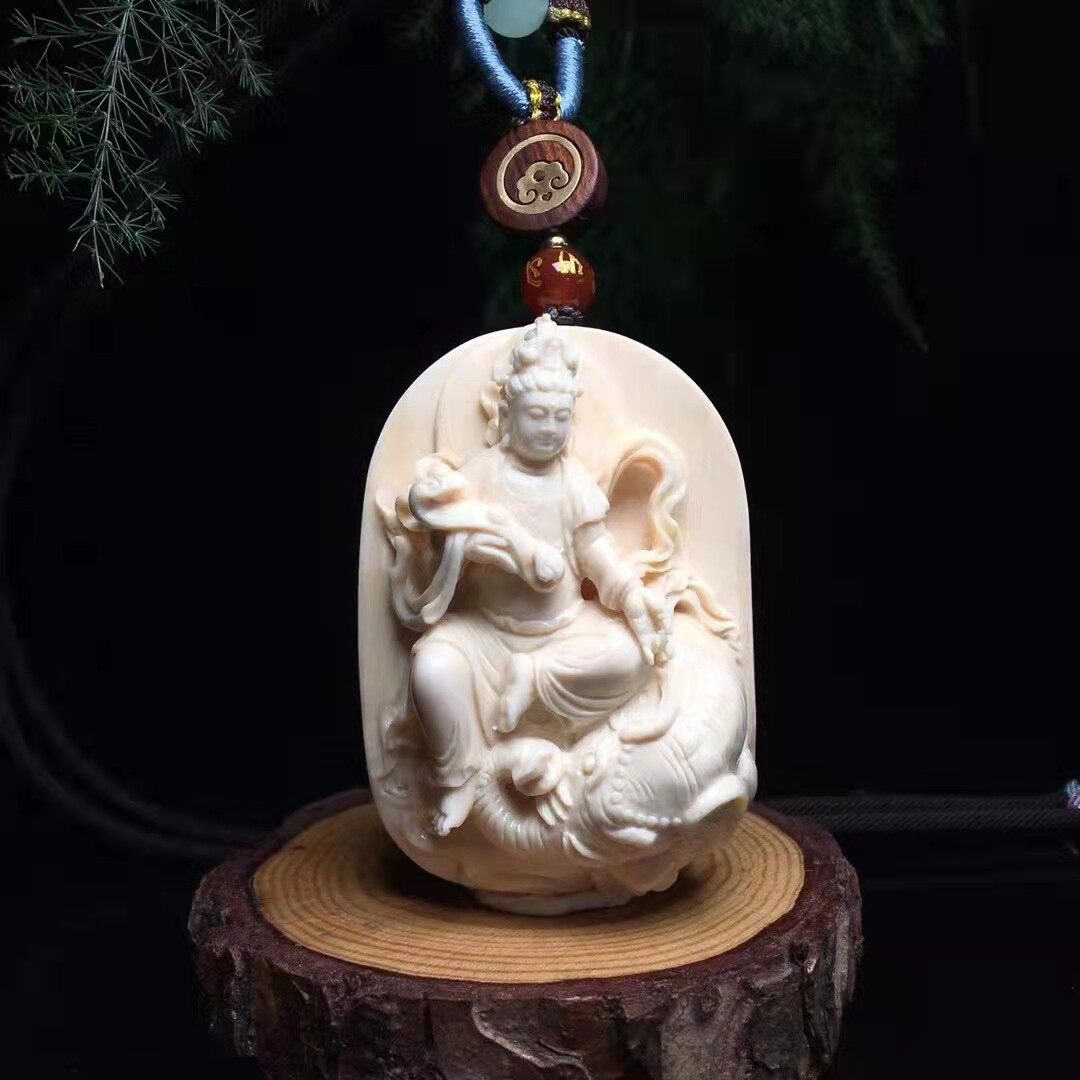 天然猛犸牙普贤菩萨挂件吊坠古将手工精雕猛犸象牌子