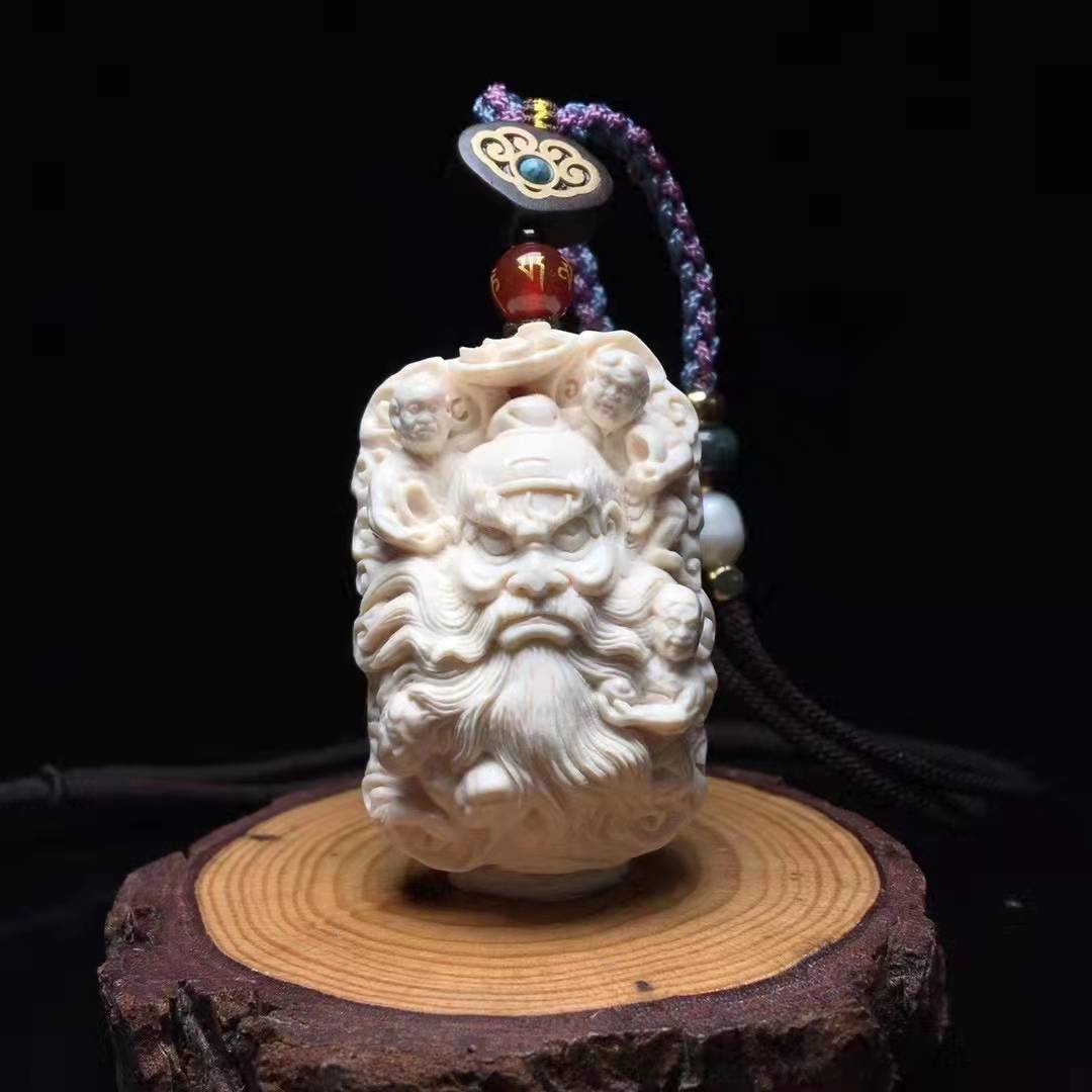 天然猛犸牙钟馗纳福挂件古将手工精雕猛犸象牌子吊坠