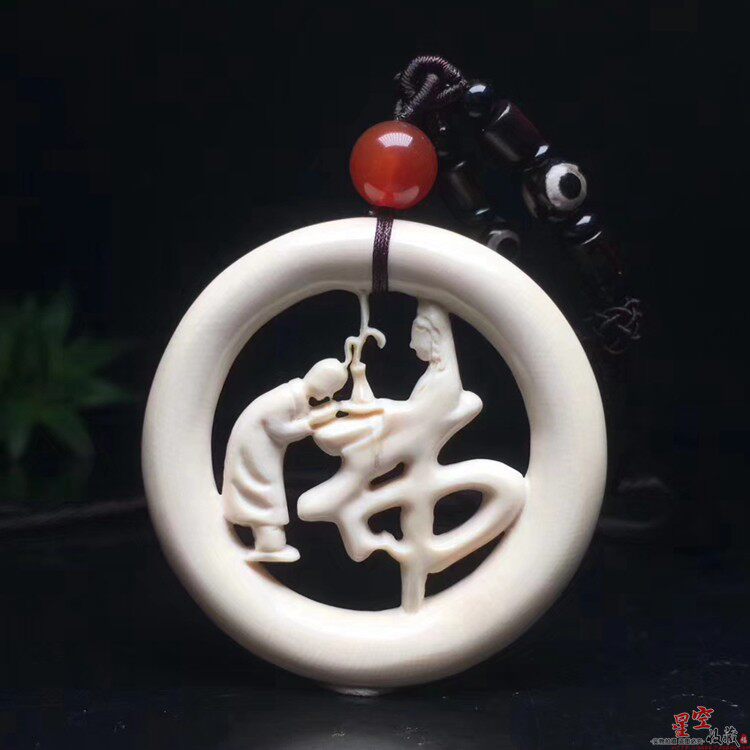 天然猛犸牙雕童子拜观音吊坠手工精雕猛犸圆牌子挂件