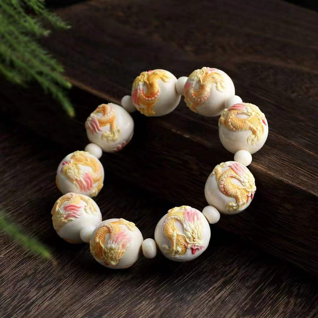 天然猛犸象牙手链彩绘工艺九龙手串2.0