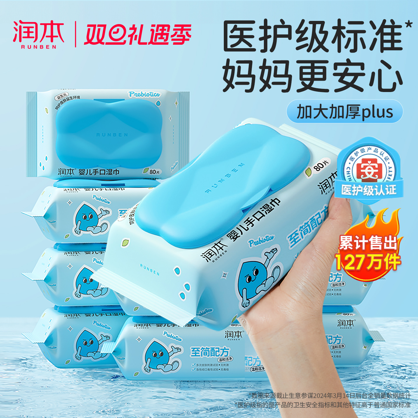 润本婴儿湿纸巾新生幼儿童宝宝手口屁专用80抽5包家庭实惠装大包