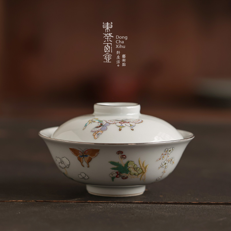 白金手工描边复古灰盖碗宋韵茶具