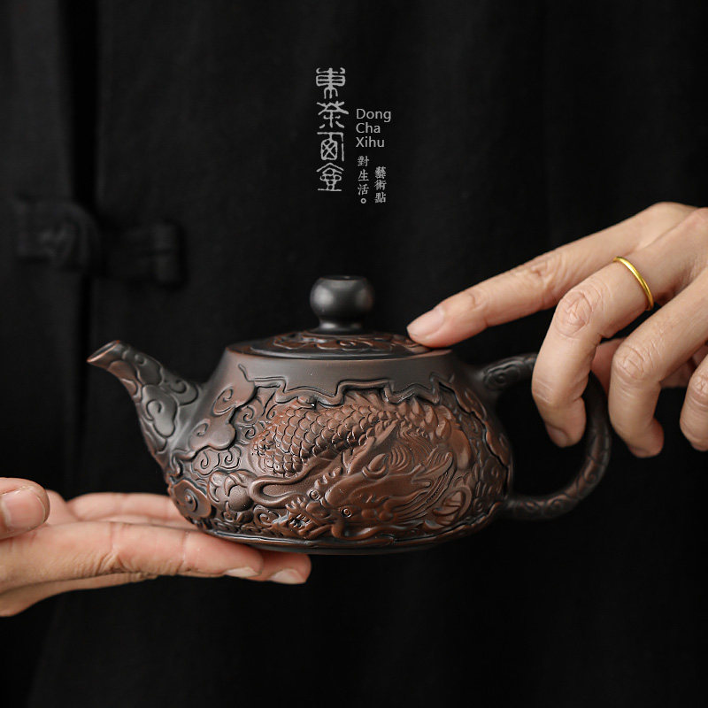 茶壶紫陶壶半手工浮雕龙凤素圆壶复古非紫砂壶工夫茶具立体泡茶器