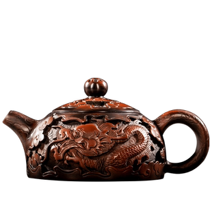 建水紫陶茶壶纯手工堆雕祥龙壶功夫茶具紫砂壶手作深雕泡茶器陶制