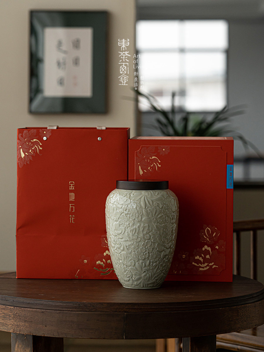 金地万花陶瓷茶叶罐大号黑檀木盖子茶罐密封罐绿茶仓茶叶包装定制