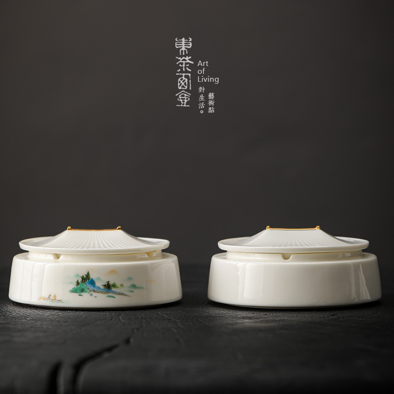 指点江山烟灰缸陶瓷创意国潮摆件家用烟缸小号带盖防风防飞灰烟盒