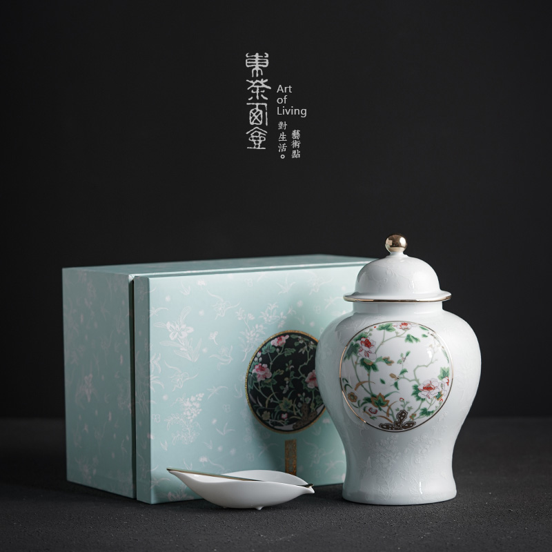 将军茶叶罐精美图案手工描金线