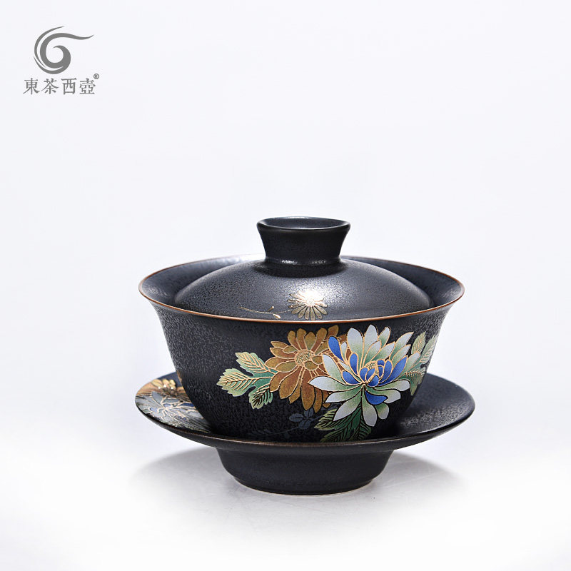 东茶西壶日式三才碗功夫茶具泡茶器介碗陶瓷扒花描金白玉青花盖碗