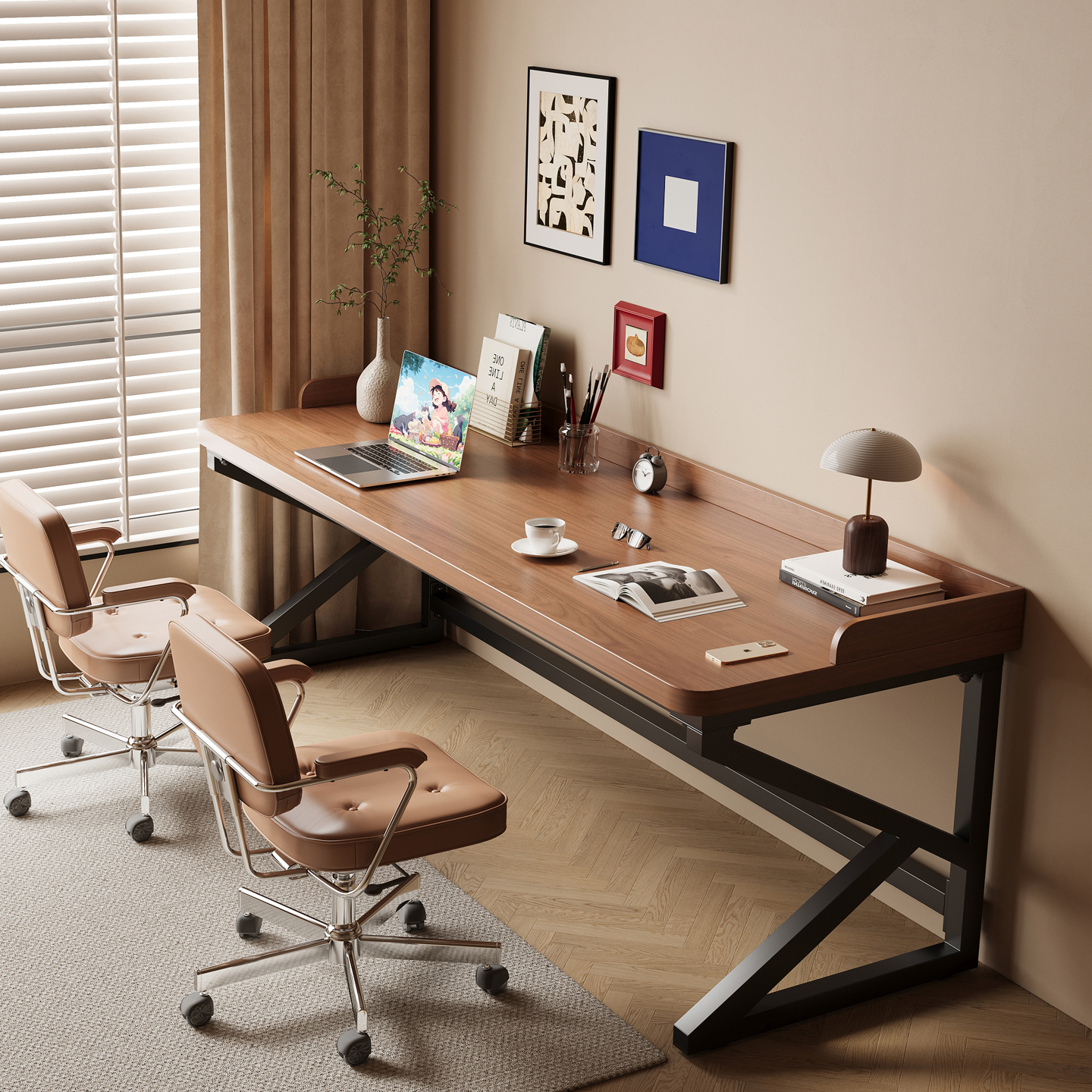 带围挡K字实木双人书桌家用学习桌卧室中古风电脑桌长条办公桌