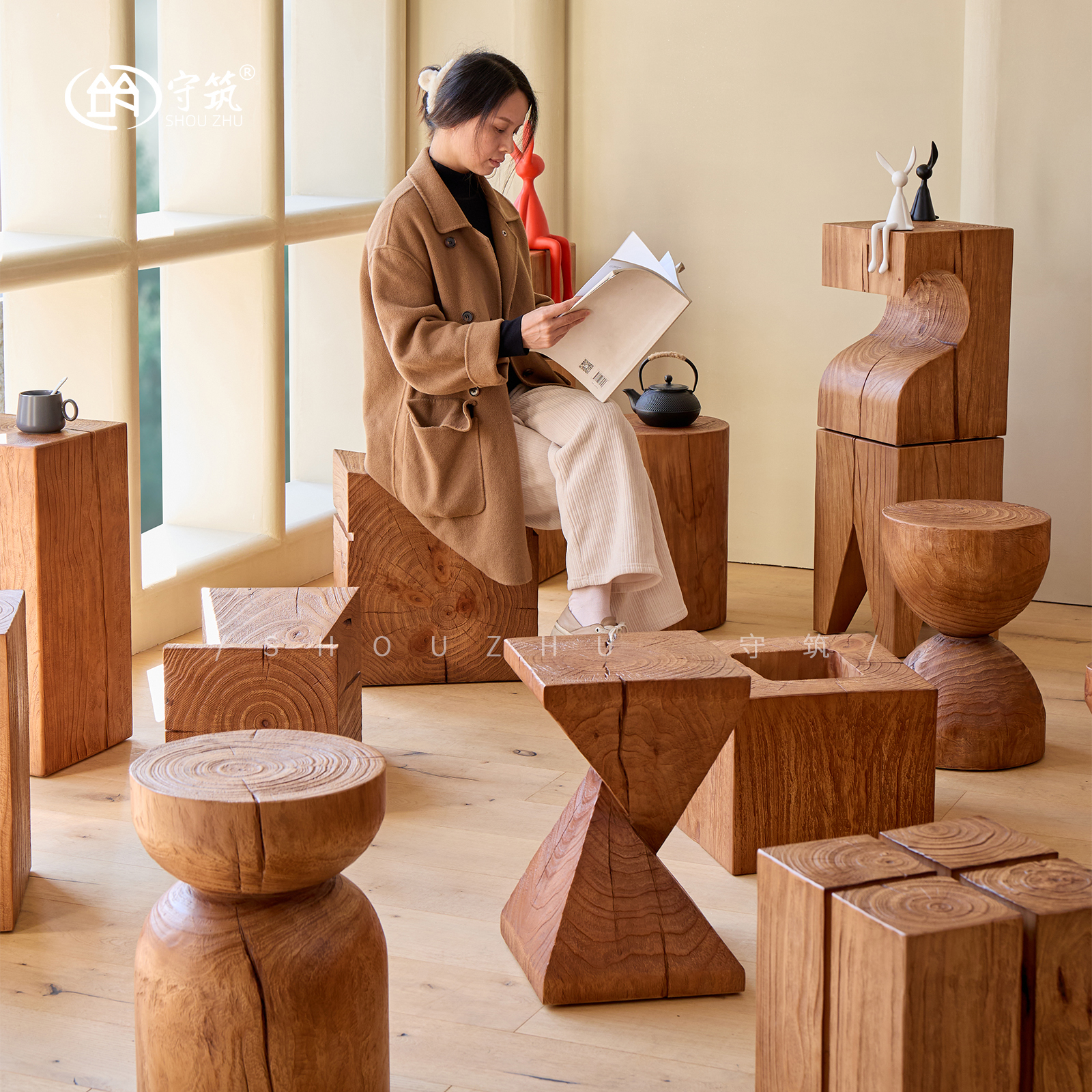 中古实木墩子茶几原木凳子