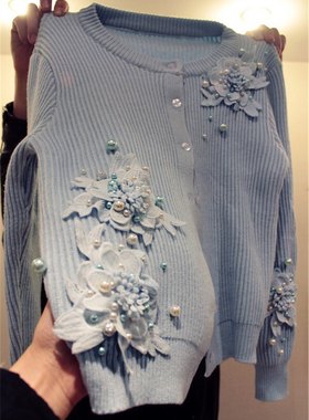 欧洲站新款针织毛衣外套女花朵