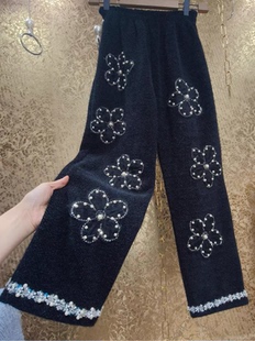 满身花朵亮片绣花毛绒绒哈伦裤 重工大码 子 小香风 奢华高档秋冬