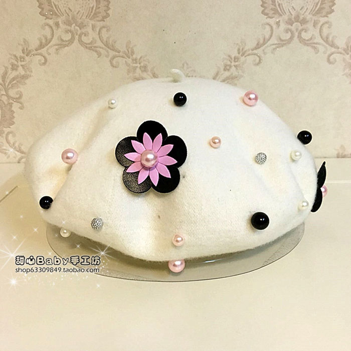 韩国立体花朵钉珠纯色画家帽