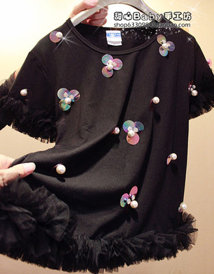 0欧洲潮牌珍珠亮片木耳短袖T恤